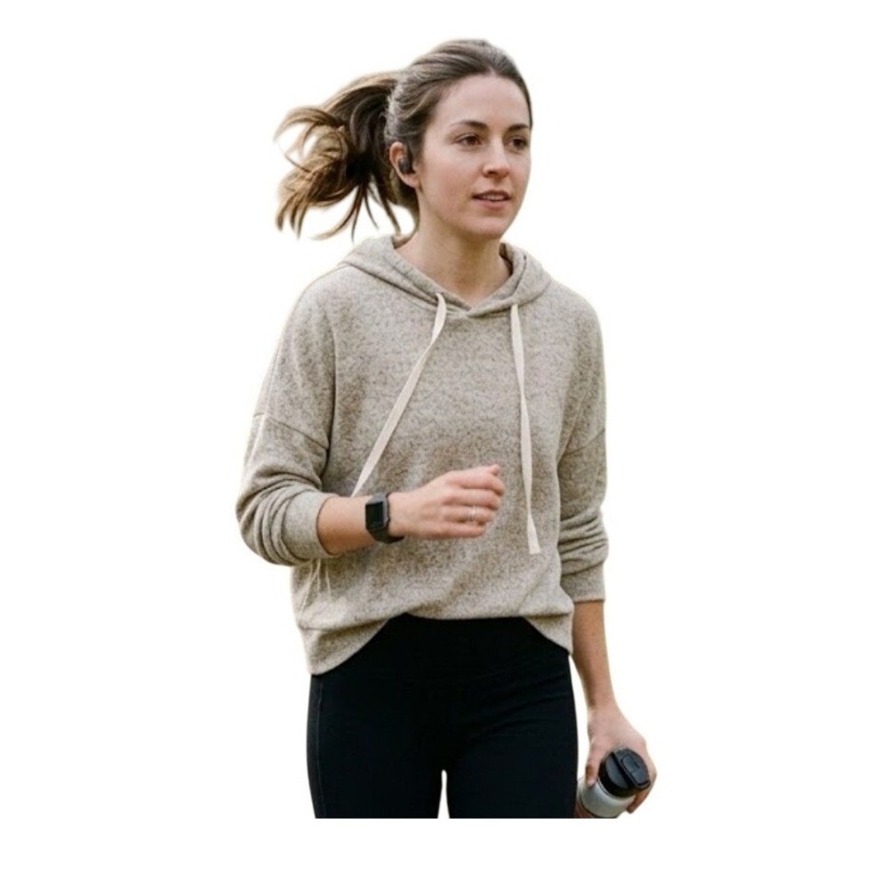Acemi Fleece Hoodie Sweatshirt Tan Heather Knit Cropped Long Sleeve Pull-Over S
